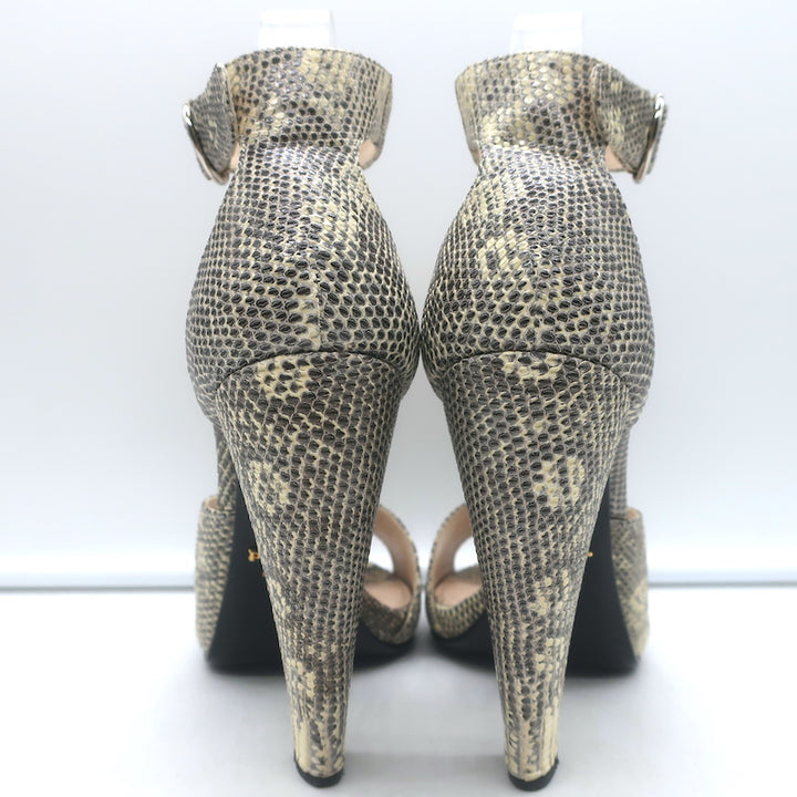 Prada Lizard Ankle Strap Platform Sandals Ivory/Gray Size 38 Open Toe Heels