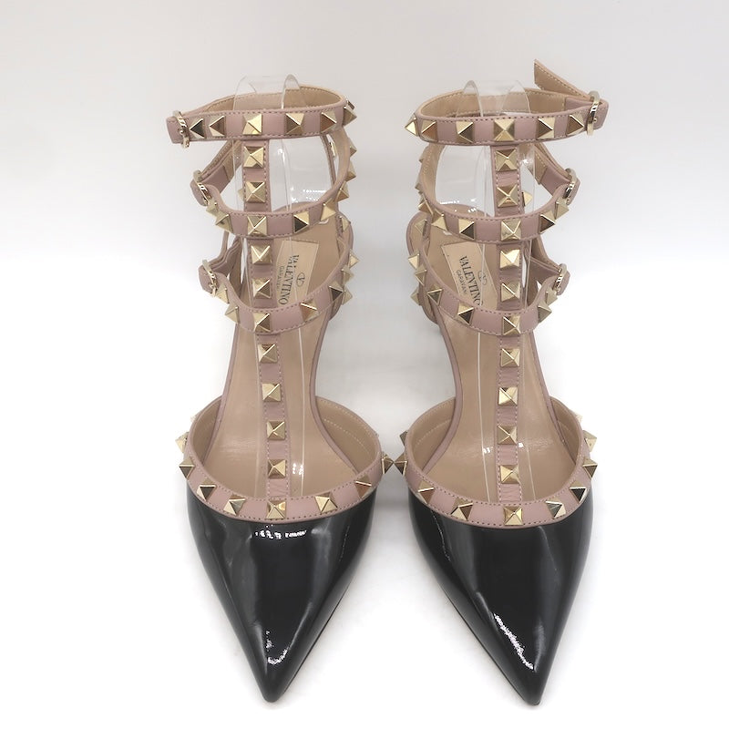 Valentino Rockstud Caged Pumps Black Patent &amp; Poudre Leather Size 38