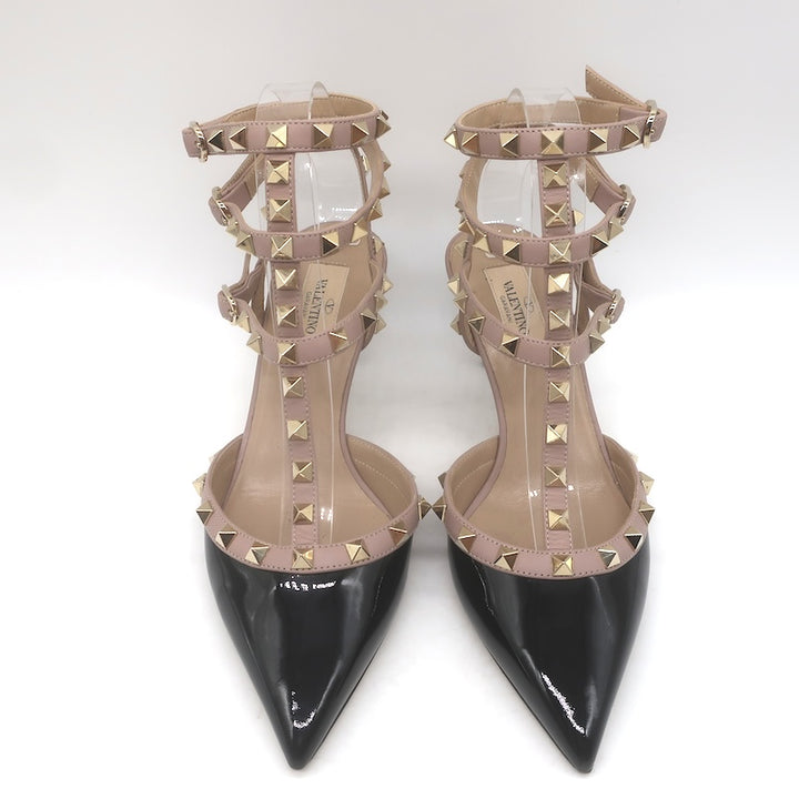 Valentino Rockstud Caged Pumps Black Patent &amp; Poudre Leather Size 38