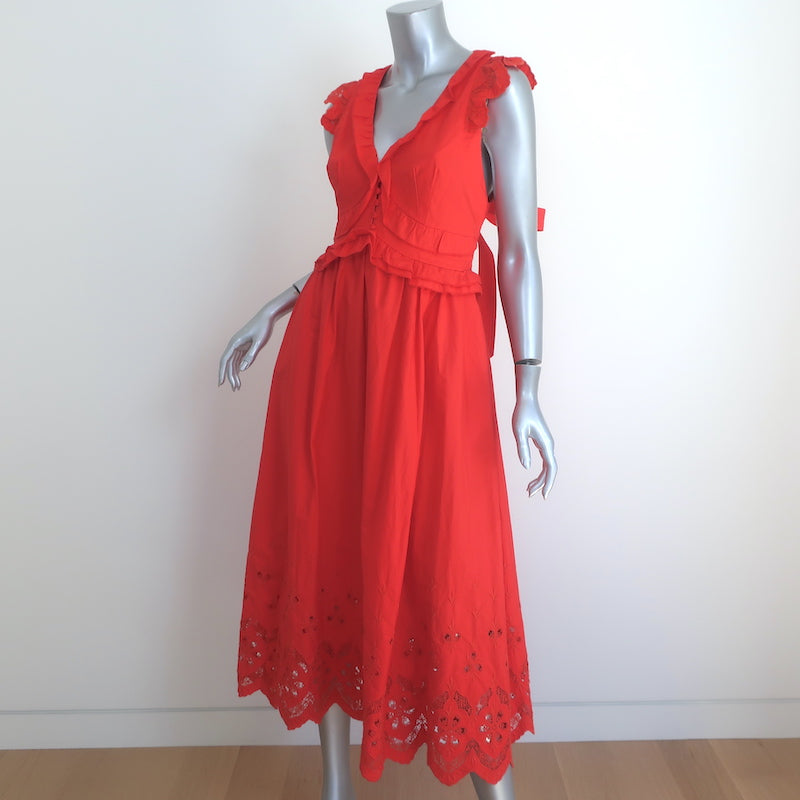 Self-Portrait Broderie Sleeveless Midi Dress Red Cotton Size US 8 NEW
