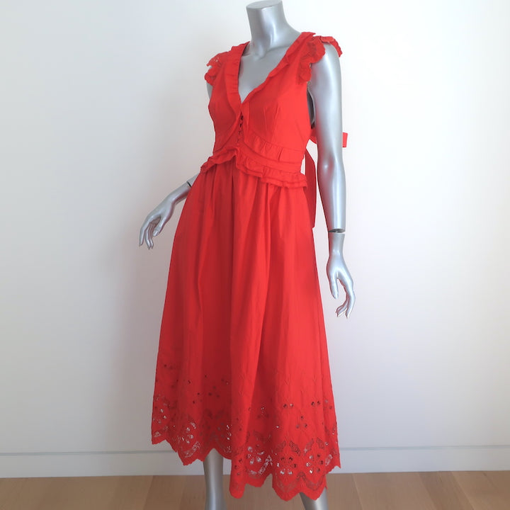 Self-Portrait Broderie Sleeveless Midi Dress Red Cotton Size US 8 NEW