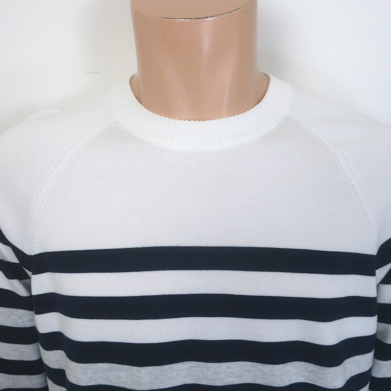 Brunello Cucinelli Breton Stripe Sweater White/Gray/Navy Cotton Size Large