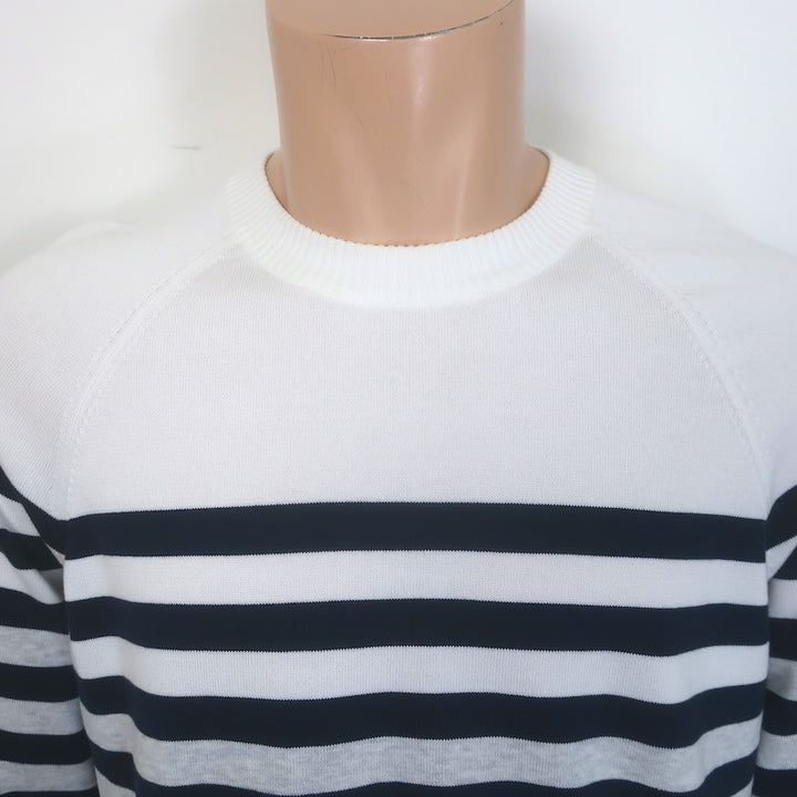 Brunello Cucinelli Breton Stripe Sweater White/Gray/Navy Cotton Size Large
