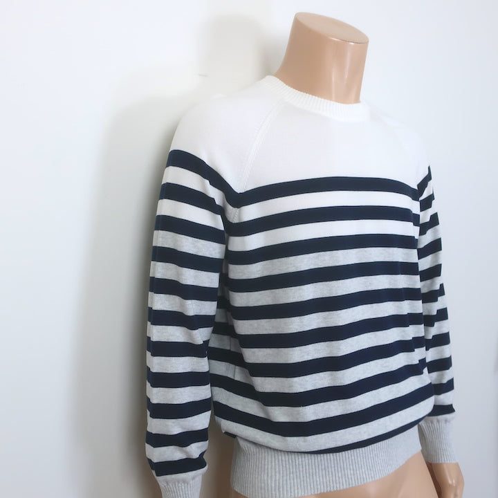 Brunello Cucinelli Breton Stripe Sweater White/Gray/Navy Cotton Size Large