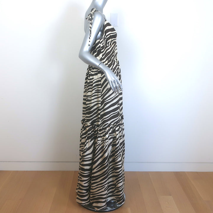 Cynthia Rowley Tie-Shoulder Zebra Print Maxi Dress Cream &amp; Brown Silk Size 8 NEW