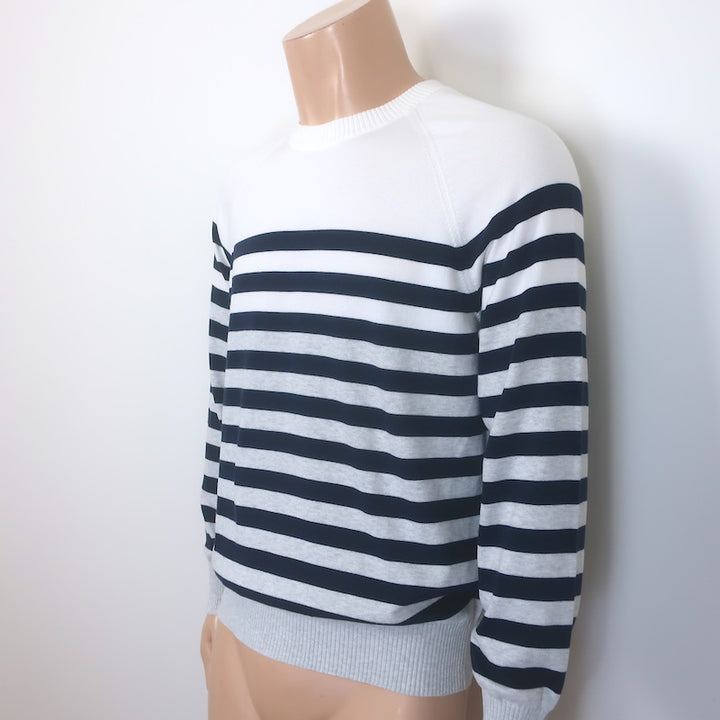 Brunello Cucinelli Breton Stripe Sweater White/Gray/Navy Cotton Size Large