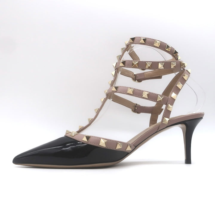 Valentino Rockstud Caged Pumps Black Patent &amp; Poudre Leather Size 38