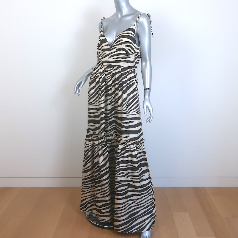 Cynthia Rowley Tie-Shoulder Zebra Print Maxi Dress Cream &amp; Brown Silk Size 8 NEW