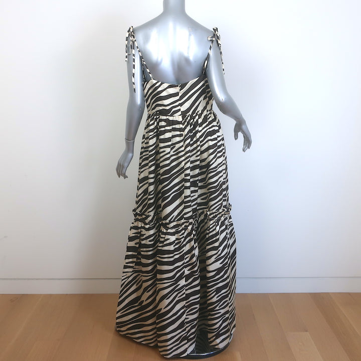 Cynthia Rowley Tie-Shoulder Zebra Print Maxi Dress Cream &amp; Brown Silk Size 8 NEW