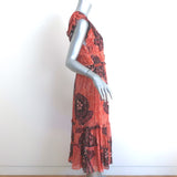 Ulla Johnson Akira Midi Dress Coral Metallic Printed Chiffon Size 8