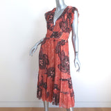 Ulla Johnson Akira Midi Dress Coral Metallic Printed Chiffon Size 8