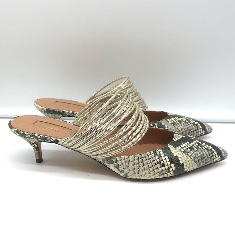 Aquazzura Rendez Vous Kitten Heel Mules Snakeskin &amp; Metallic Leather Size 38.5