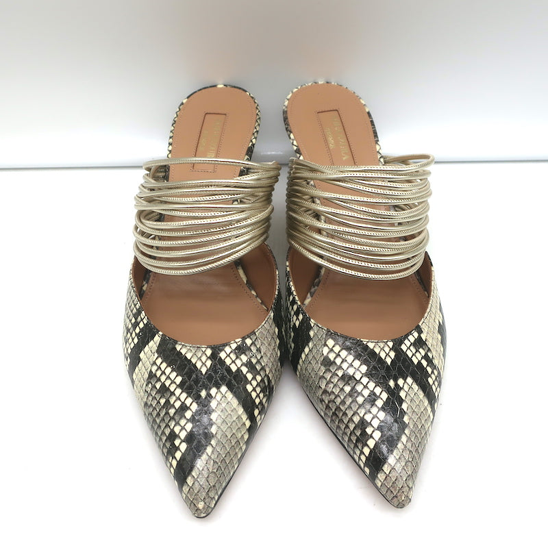 Aquazzura Rendez Vous Kitten Heel Mules Snakeskin &amp; Metallic Leather Size 38.5