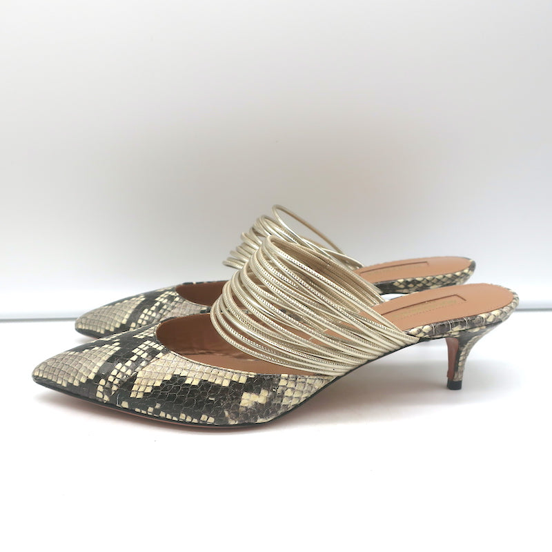 Aquazzura Rendez Vous Kitten Heel Mules Snakeskin &amp; Metallic Leather Size 38.5