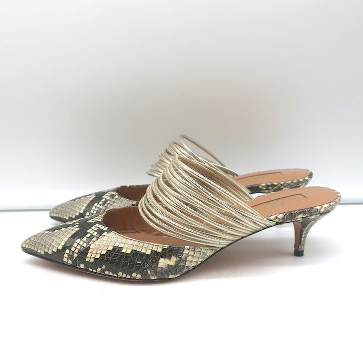 Aquazzura Rendez Vous Kitten Heel Mules Snakeskin &amp; Metallic Leather Size 38.5