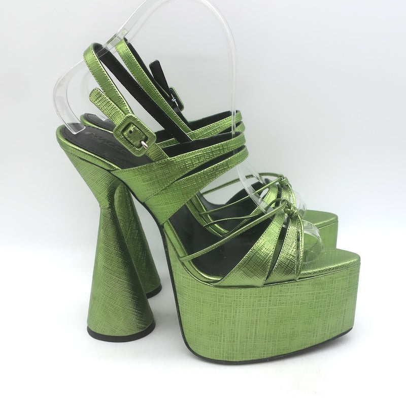 D’Accori Belle Metallic Platform Sandals Chameleon Green Leather Size 37