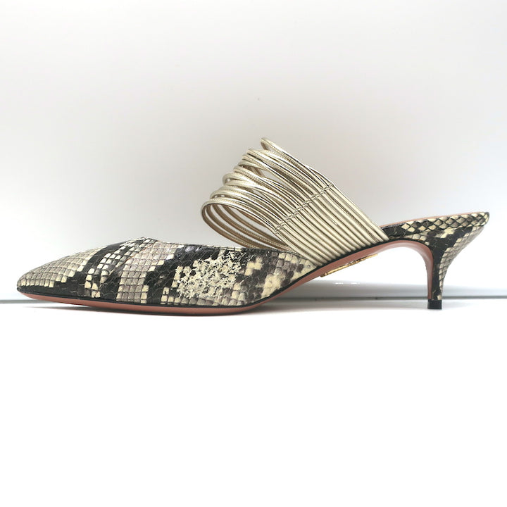 Aquazzura Rendez Vous Kitten Heel Mules Snakeskin &amp; Metallic Leather Size 38.5