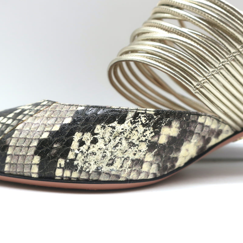 Aquazzura Rendez Vous Kitten Heel Mules Snakeskin &amp; Metallic Leather Size 38.5