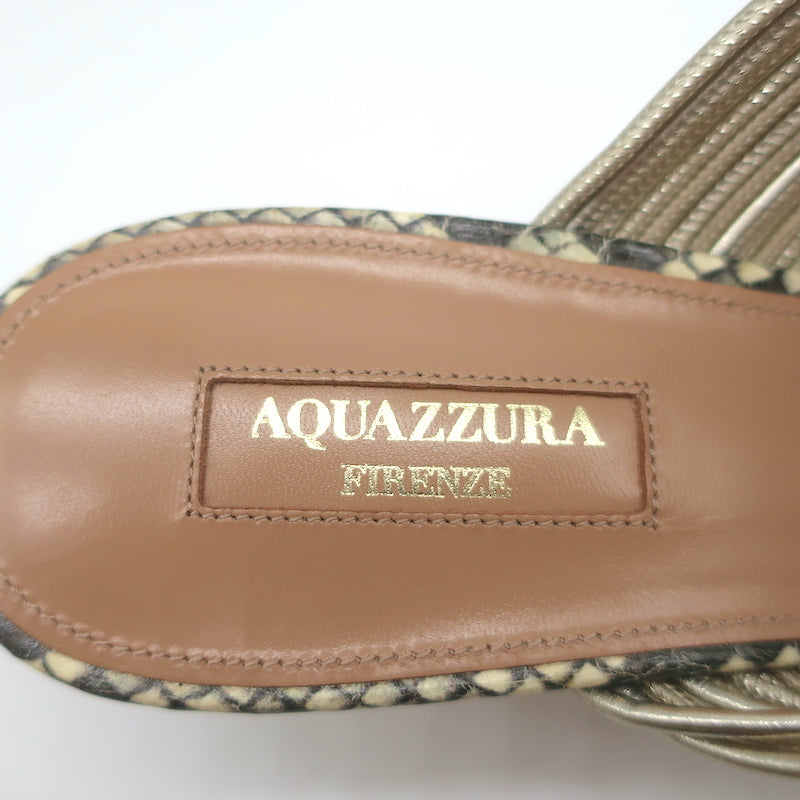 Aquazzura Rendez Vous Kitten Heel Mules Snakeskin &amp; Metallic Leather Size 38.5