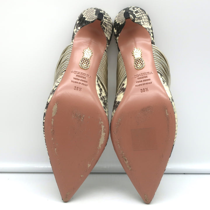 Aquazzura Rendez Vous Kitten Heel Mules Snakeskin &amp; Metallic Leather Size 38.5
