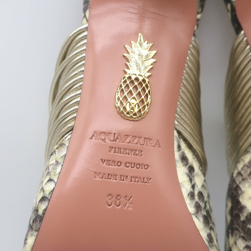 Aquazzura Rendez Vous Kitten Heel Mules Snakeskin &amp; Metallic Leather Size 38.5