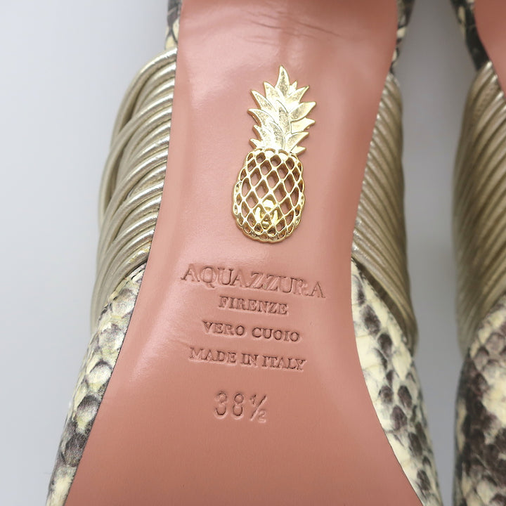 Aquazzura Rendez Vous Kitten Heel Mules Snakeskin &amp; Metallic Leather Size 38.5
