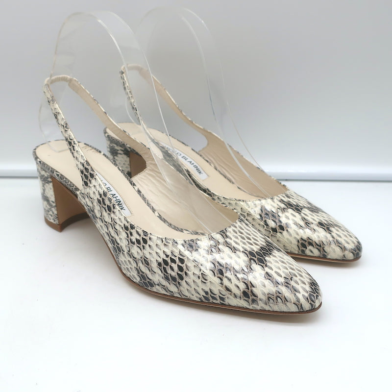 Manolo Blahnik Allurasa Slingback Pumps Cream Snakeskin Size 38.5