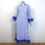 HVN Andrea Feather-Trimmed Belted Midi Dress Blue/White Fruit Print Silk Size 0