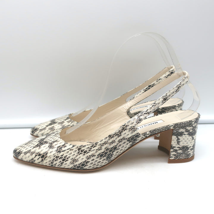 Manolo Blahnik Allurasa Slingback Pumps Cream Snakeskin Size 38.5 NEW