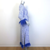 HVN Andrea Feather-Trimmed Belted Midi Dress Blue/White Fruit Print Silk Size 0