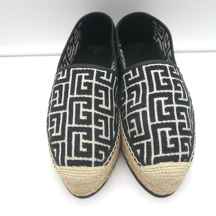 Balmain Alex Platform Espadrilles Black PB Labyrinth Monogram Canvas Size 42 NEW