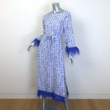 HVN Andrea Feather-Trimmed Belted Midi Dress Blue/White Fruit Print Silk Size 0