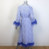 HVN Andrea Feather-Trimmed Belted Midi Dress Blue/White Fruit Print Silk Size 0
