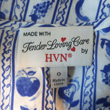 HVN Andrea Feather-Trimmed Belted Midi Dress Blue/White Fruit Print Silk Size 0