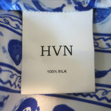 HVN Andrea Feather-Trimmed Belted Midi Dress Blue/White Fruit Print Silk Size 0