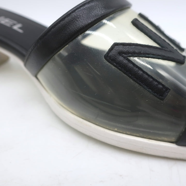 Chanel 2019 PVC Lucite-Heel Logo Mules Black Lambskin Leather Size 37C