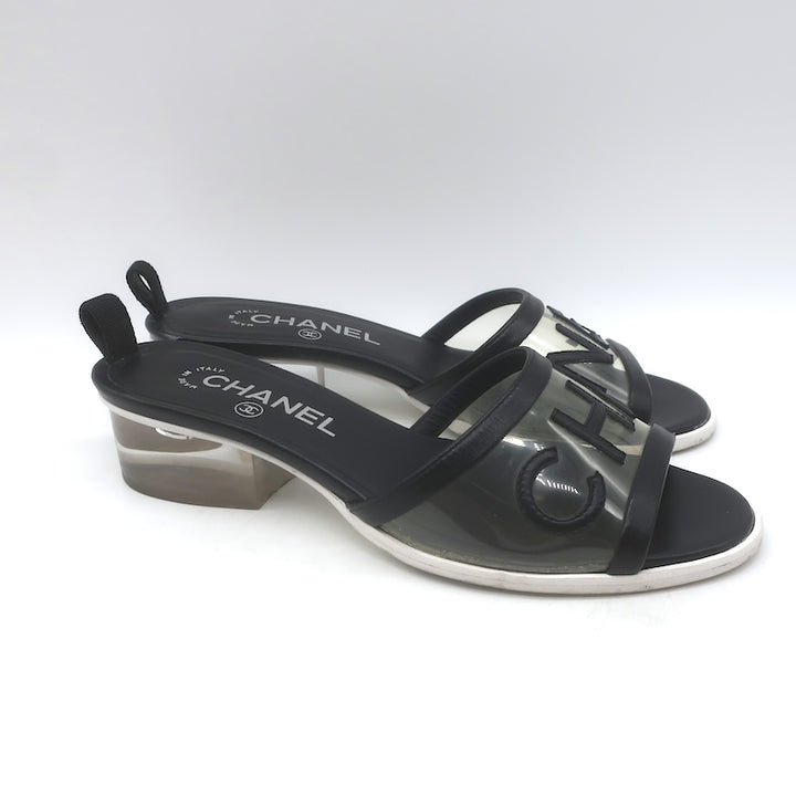 Chanel 2019 PVC Lucite-Heel Logo Mules Black Lambskin Leather Size 37C