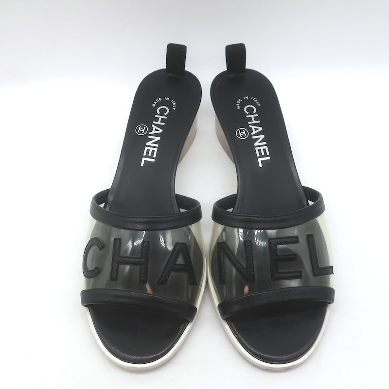 Chanel 2019 PVC Lucite-Heel Logo Mules Black Lambskin Leather Size 37C