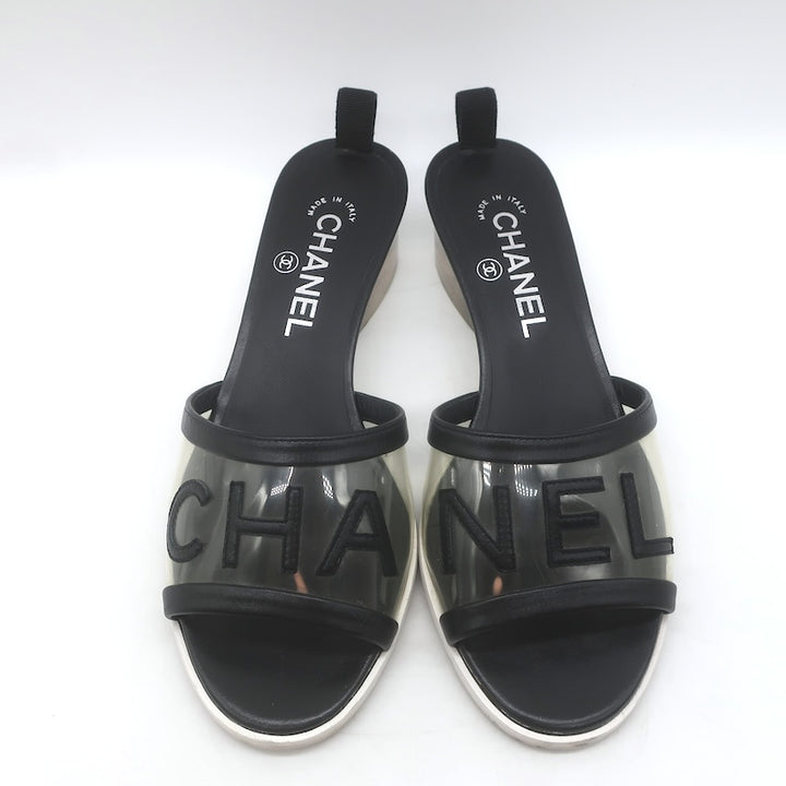 Chanel 2019 PVC Lucite-Heel Logo Mules Black Lambskin Leather Size 37C