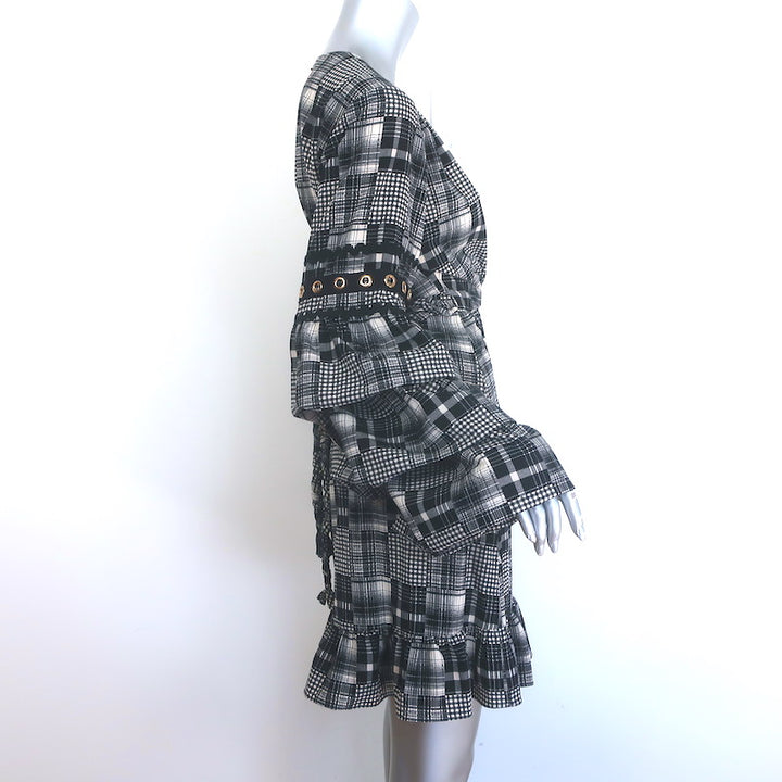 MISA Isabel Ruffled Mini Wrap Dress Black/Ecru Plaid Size Large