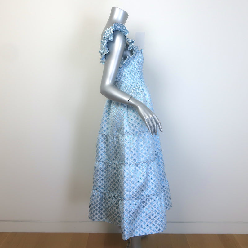 Hill House Home The Ellie Nap Dress Blue Metallic Snowflake Brocade Size Small