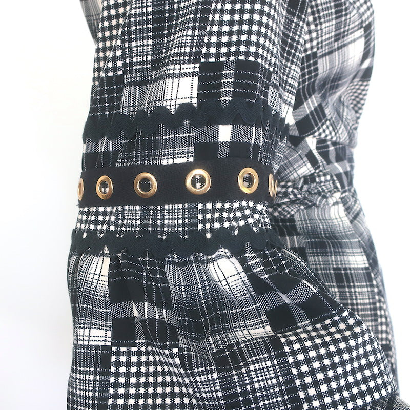 MISA Isabel Ruffled Mini Wrap Dress Black/Ecru Plaid Size Large