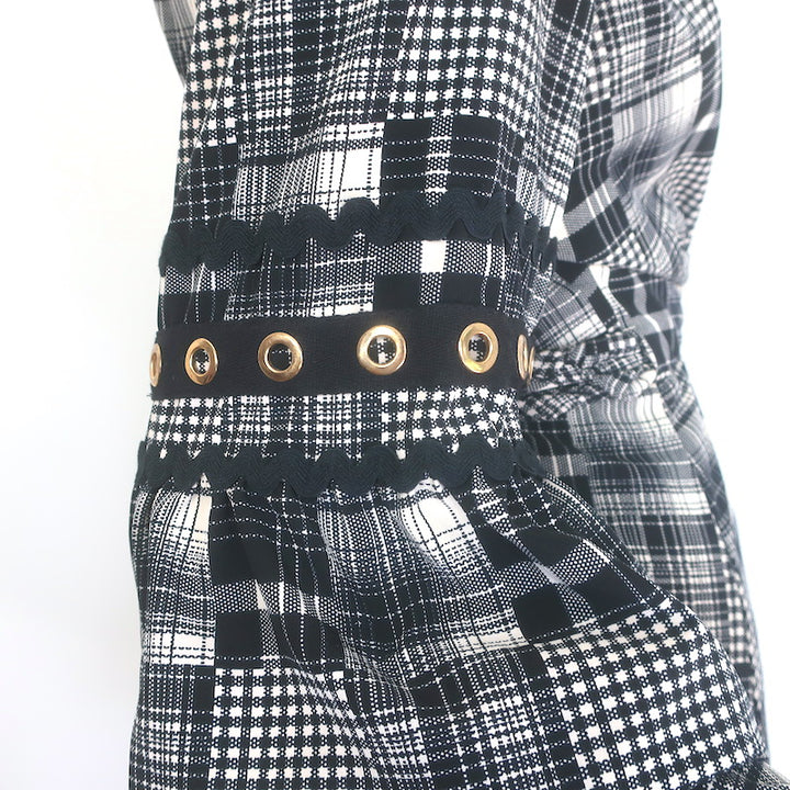 MISA Isabel Ruffled Mini Wrap Dress Black/Ecru Plaid Size Large