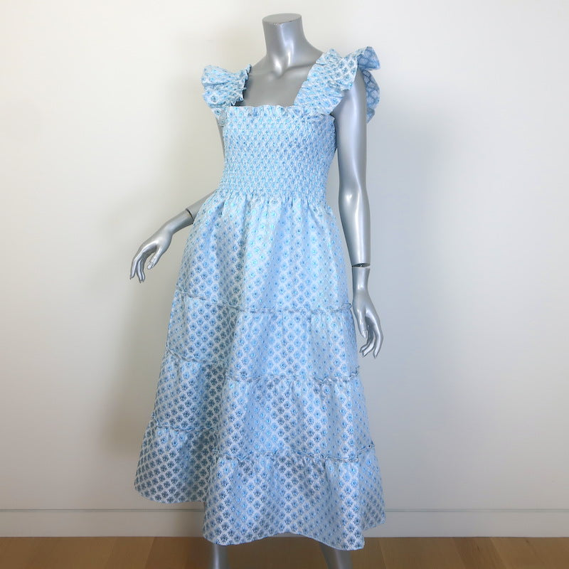 Hill House Home The Ellie Nap Dress Blue Metallic Snowflake Brocade Size Small