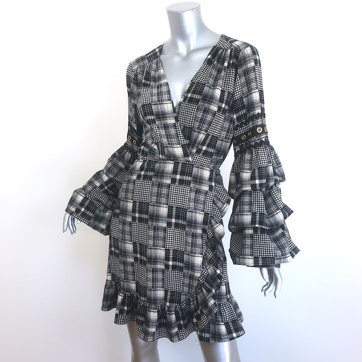 MISA Isabel Ruffled Mini Wrap Dress Black/Ecru Plaid Size Large
