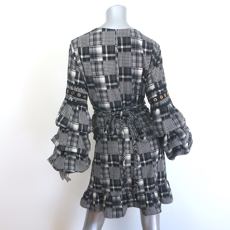 MISA Isabel Ruffled Mini Wrap Dress Black/Ecru Plaid Size Large