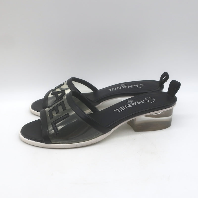 Chanel 2019 PVC Lucite-Heel Logo Mules Black Lambskin Leather Size 37C
