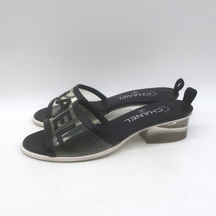 Chanel 2019 PVC Lucite-Heel Logo Mules Black Lambskin Leather Size 37C