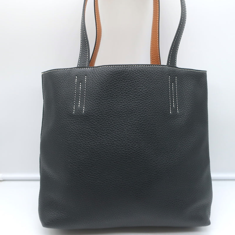 Hermes Sac Double Sens 32 Reversible Tote Black &amp; Orange Clemence Leather