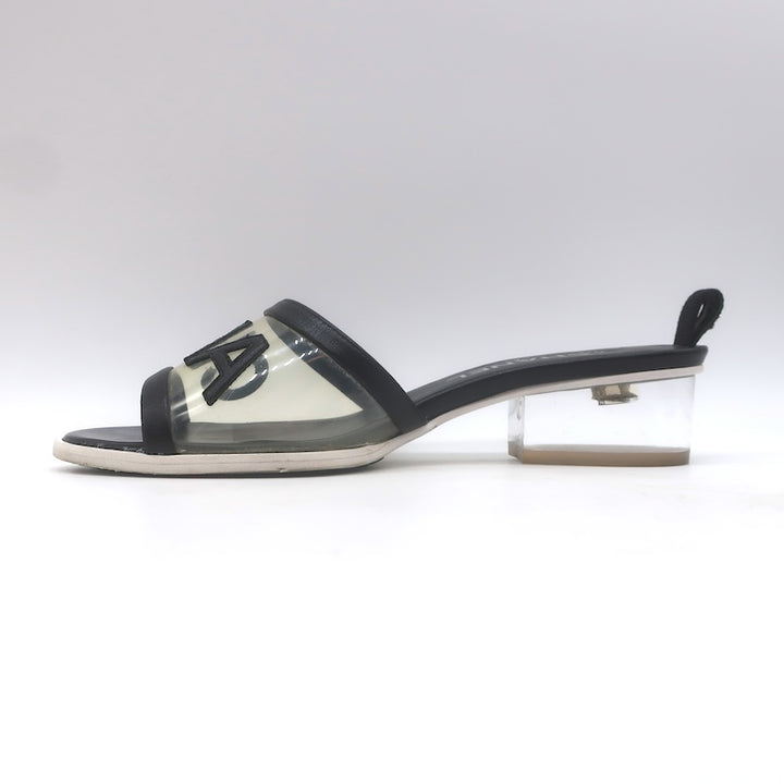 Chanel 2019 PVC Lucite-Heel Logo Mules Black Lambskin Leather Size 37C